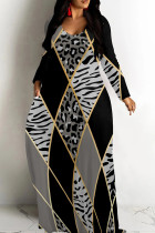 Black Gray Casual Print Patchwork V Neck Long Dresses
