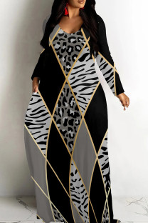 Black Gray Casual Print Patchwork V Neck Long Dresses
