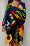Pink Brown Casual Street Figure Print Pocket Contrast V Neck Printed Plus Size Dresses