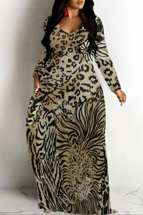 Dark Brown Elegant Butterfly Print Leopard Pocket Contrast V Neck Printed Dresses