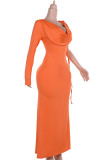 Orange Elegant Solid Color Patchwork Strap Design Deep V Neck Long Dresses