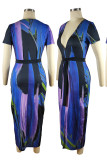 Blue Elegant Print Patchwork Slit Strap Design Deep V Neck Long Dresses