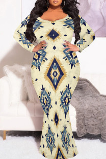 Khaki Casual Print Patchwork O Neck Long Plus Size Dresses
