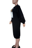 Grey Casual Print Patchwork Beading O Neck Long Dresses
