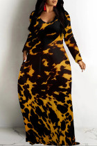 Black Yellow Elegant Butterfly Print Leopard Pocket Contrast V Neck Printed Dresses