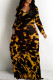 Black Yellow Elegant Butterfly Print Leopard Pocket Contrast V Neck Printed Dresses