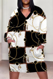 Black And White Casual Street Chain print Leopard Pocket Contrast V Neck Printed Plus Size Dresses