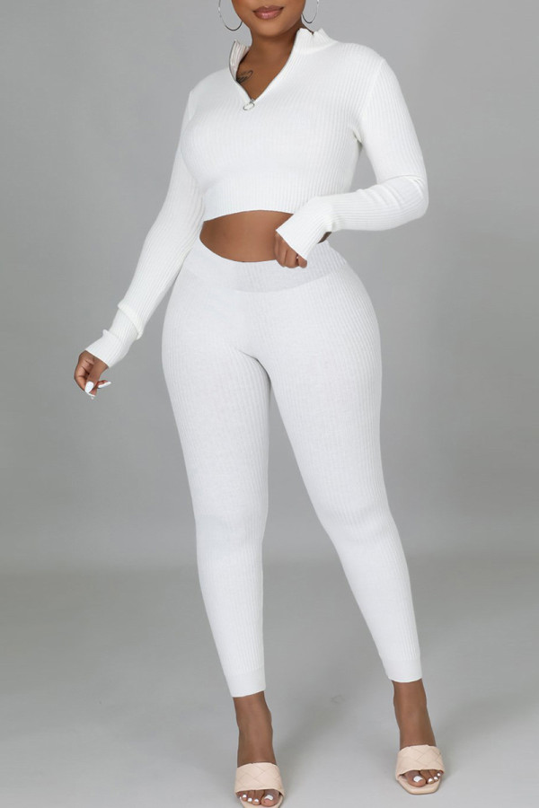 White Casual Solid Color Patchwork Zipper Zipper Collar Long Sleeve Two Pieces