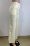 Earth Yellow Casual Solid Color Pocket Zipper Patchwork Loose High Waist Wide Leg Patchwork Bottoms