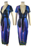 Blue Elegant Print Patchwork Slit Strap Design Deep V Neck Long Dresses