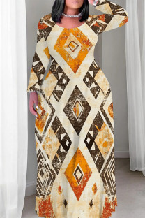 Light Khaki Casual Print Patchwork O Neck Long Plus Size Dresses