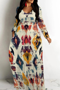 Light Khaki Casual Print Patchwork O Neck Long Dresses