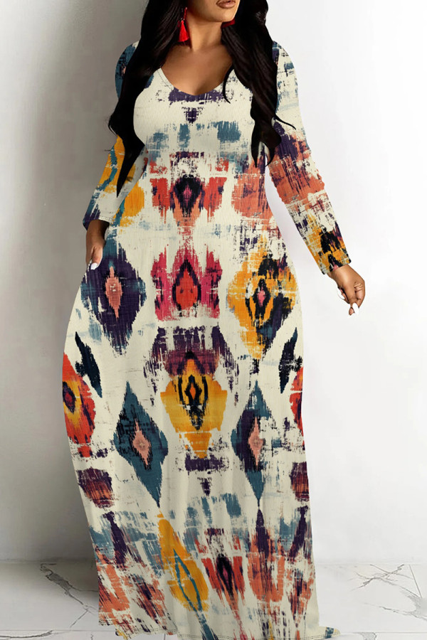 Light Khaki Casual Print Patchwork O Neck Long Dresses