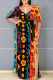 Colour Casual Print Patchwork Slit Strap Design V Neck Long Plus Size Dresses
