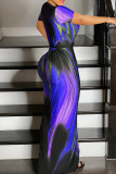 Blue Elegant Print Patchwork Slit Strap Design Deep V Neck Long Dresses