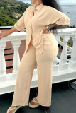 Apricot Casual Solid Color Buckle Patchwork Turndown Collar Half Sleeve Two Pieces