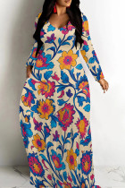 Multicolor Casual Print Patchwork O Neck Long Dresses