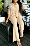Apricot Casual Solid Color Buckle Patchwork Turndown Collar Half Sleeve Two Pieces