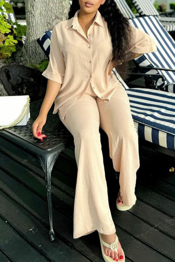 Apricot Casual Solid Color Buckle Patchwork Turndown Collar Half Sleeve Two Pieces