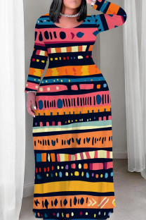 Blue Pink Casual Print Patchwork O Neck Long Plus Size Dresses
