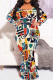 Light Khaki Casual Print Patchwork O Neck Long Plus Size Dresses