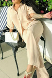 Apricot Casual Solid Color Buckle Patchwork Turndown Collar Half Sleeve Two Pieces