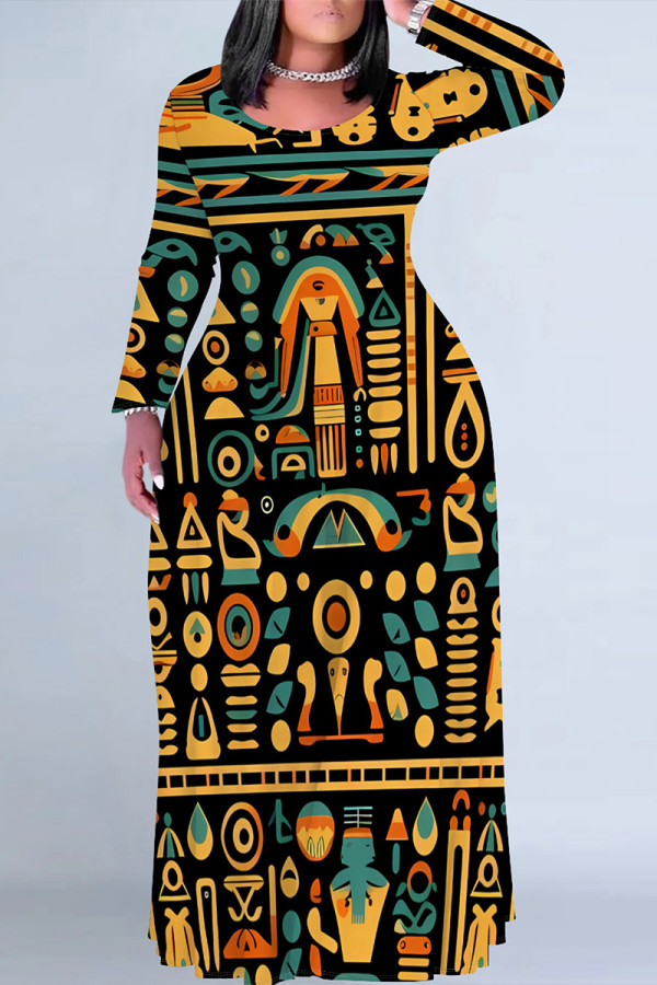 Black Yellow Casual National Totem Print Pocket Contrast O Neck Printed Plus Size Dresses