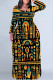 Black Yellow Casual National Totem Print Pocket Contrast O Neck Printed Plus Size Dresses