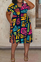 Multicolor Casual Print Pocket Patchwork V Neck Straight Plus Size Dresses