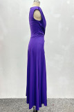 Purple Elegant Solid Color Patchwork Ruched O Neck Long Dresses