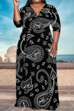 Light Yellow Casual Geometric Print Lace Up Contrast V Neck Printed Plus Size Dresses