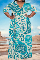 Light Blue Casual Geometric Print Lace Up Contrast V Neck Printed Plus Size Dresses