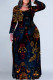 Blue Black Casual National Totem Print Pocket Contrast O Neck Printed Plus Size Dresses