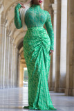 Green Elegant Print Patchwork Ruched Turtleneck Long Sleeve Two Pieces