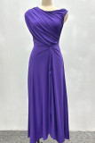 Purple Elegant Solid Color Patchwork Ruched O Neck Long Dresses
