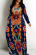 Tibetan Blue Casual Print Patchwork O Neck Long Dresses
