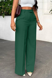 Ink Green Casual Solid Color Pocket Zipper Patchwork Loose High Waist Wide Leg Patchwork Bottoms