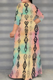 Colour Casual Print Patchwork Slit Strap Design V Neck Long Plus Size Dresses