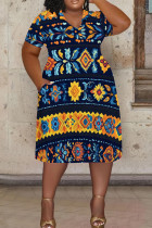 Tibetan Blue Casual Print Pocket Patchwork V Neck Straight Plus Size Dresses