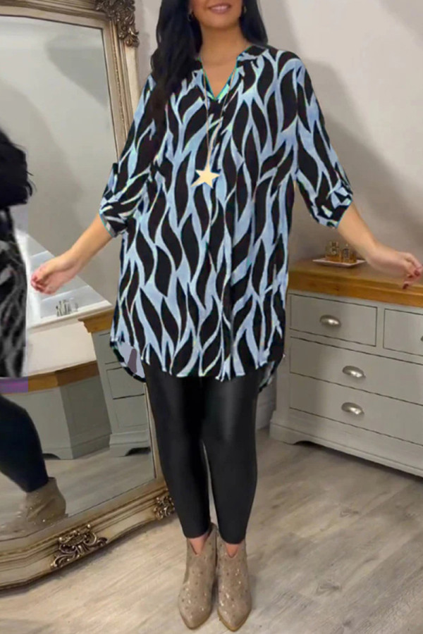 Blue Casual Print Buckle Patchwork Shirt Collar Tops