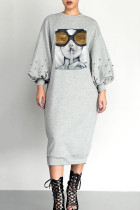 Grey Casual Print Patchwork Beading O Neck Long Dresses