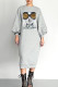 Grey Casual Print Patchwork Beading O Neck Long Dresses