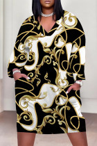 Black Gold Casual Street Chain print Leopard Pocket Contrast V Neck Printed Plus Size Dresses