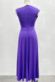 Purple Elegant Solid Color Patchwork Ruched O Neck Long Dresses