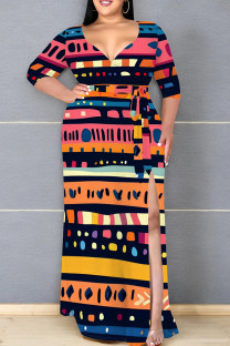 Blue Pink Casual Print Patchwork Slit Strap Design V Neck Long Plus Size Dresses