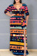 Blue Pink Casual Print Patchwork Slit Strap Design V Neck Long Plus Size Dresses