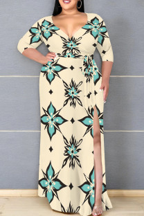 Light Khaki Casual Print Patchwork Slit Strap Design V Neck Long Plus Size Dresses