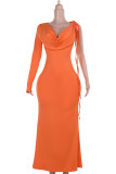 Orange Elegant Solid Color Patchwork Strap Design Deep V Neck Long Dresses
