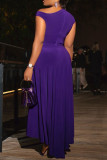 Purple Elegant Solid Color Patchwork Ruched O Neck Long Dresses
