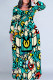 Green Casual National Totem Print Pocket Contrast O Neck Printed Plus Size Dresses